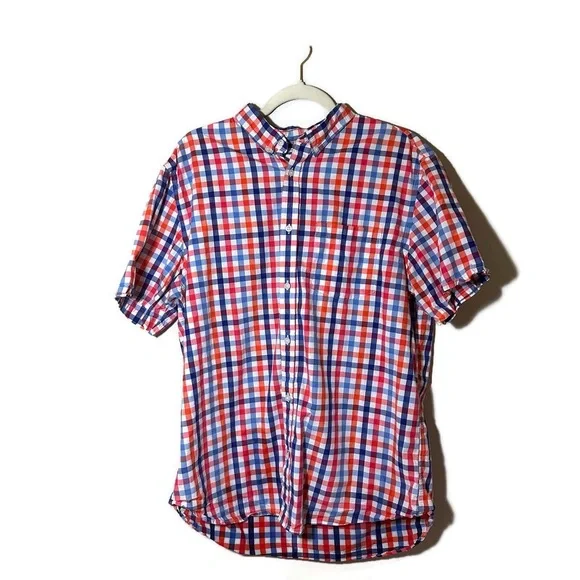 Old Navy Red, Orange & Blue Plaid Short Sleeve Button Down Shirt Size XL - Picture 1 of 5